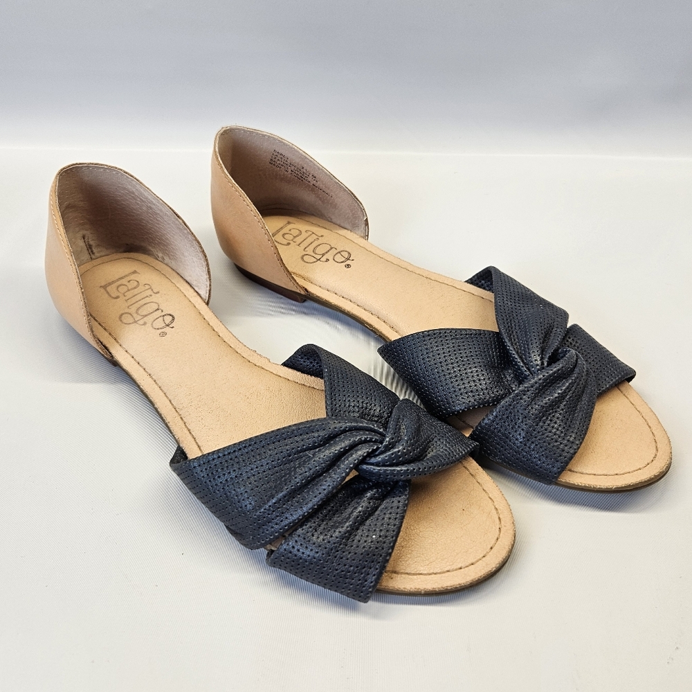 Anthropolgie Latigo Darcy Flats Blue Tan Leather Open Toe Twist Perforated 7.5